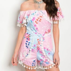PINK BLUE FLORAL TASSEL OFF SHOULDER ROMPER